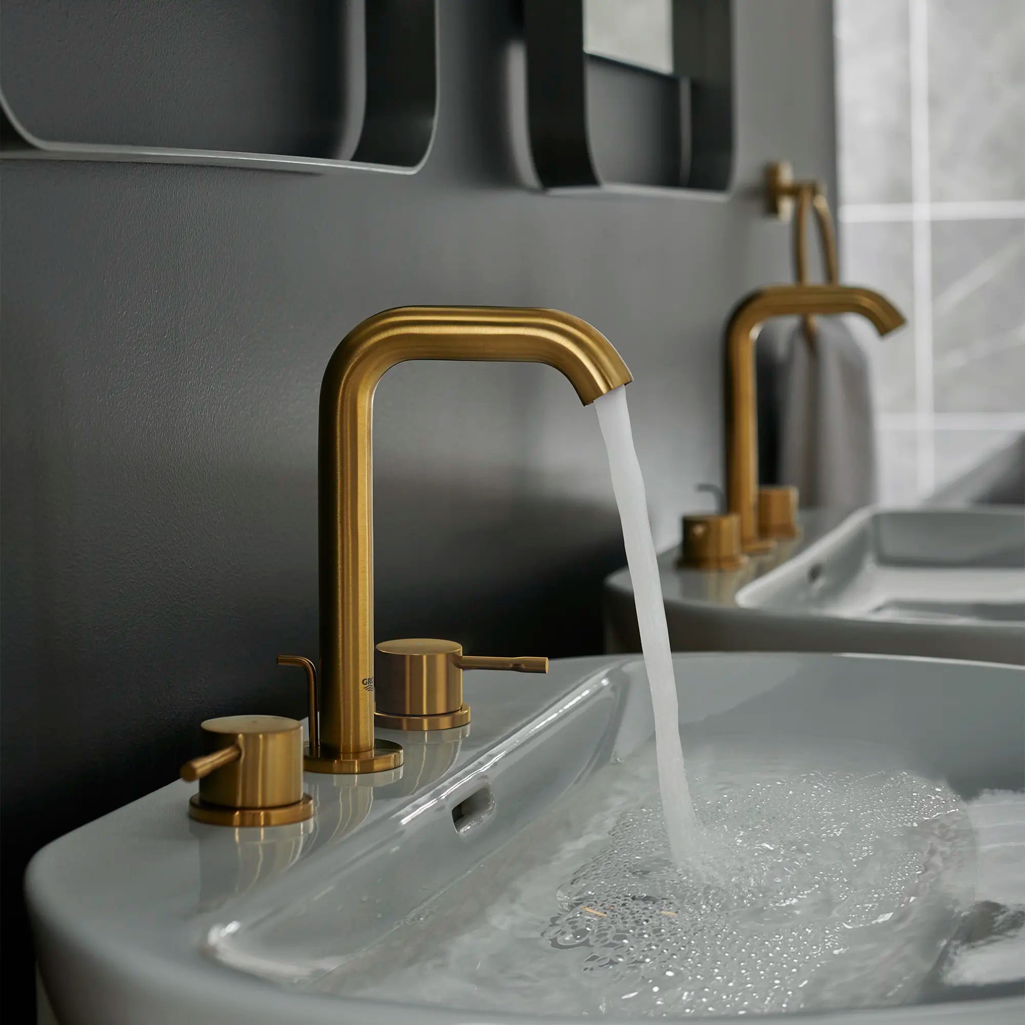 Essence 8-inch Widespread 2-Handle M-Size Bathroom Faucet, 1.2 GPM (4.5 L/min) // Brushed Cool Sunrise (Brushed Gold) // 236995_Essence_EnvironmentCloseup_20297GNA_39668000_40365GN1_0001_Dec2023_CDNwebp.webp