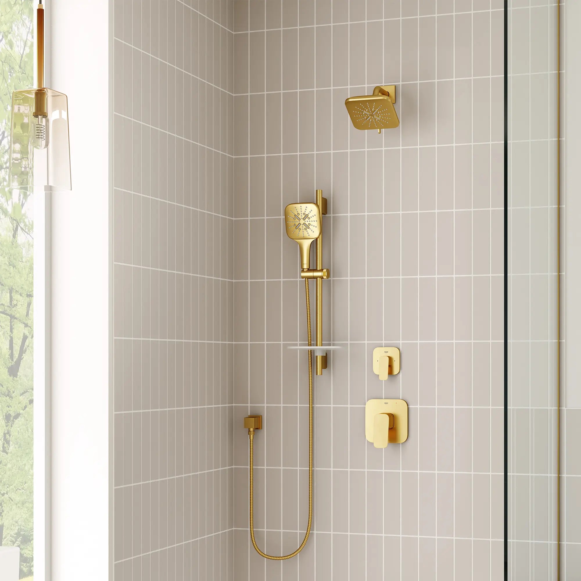 Rainshower Hand Shower - 3 Sprays, 1.75 GPM (6.6 L/min) // Brushed Cool Sunrise (Brushed Gold) // 252231_G3_Cubeo_EnvironmentMedium_101928GN0_101929GN0_28417GN0_26797GN0_26552GN0_26633GN0_26602GN0_0001_OCTOBER2024_CDNwebp.webp