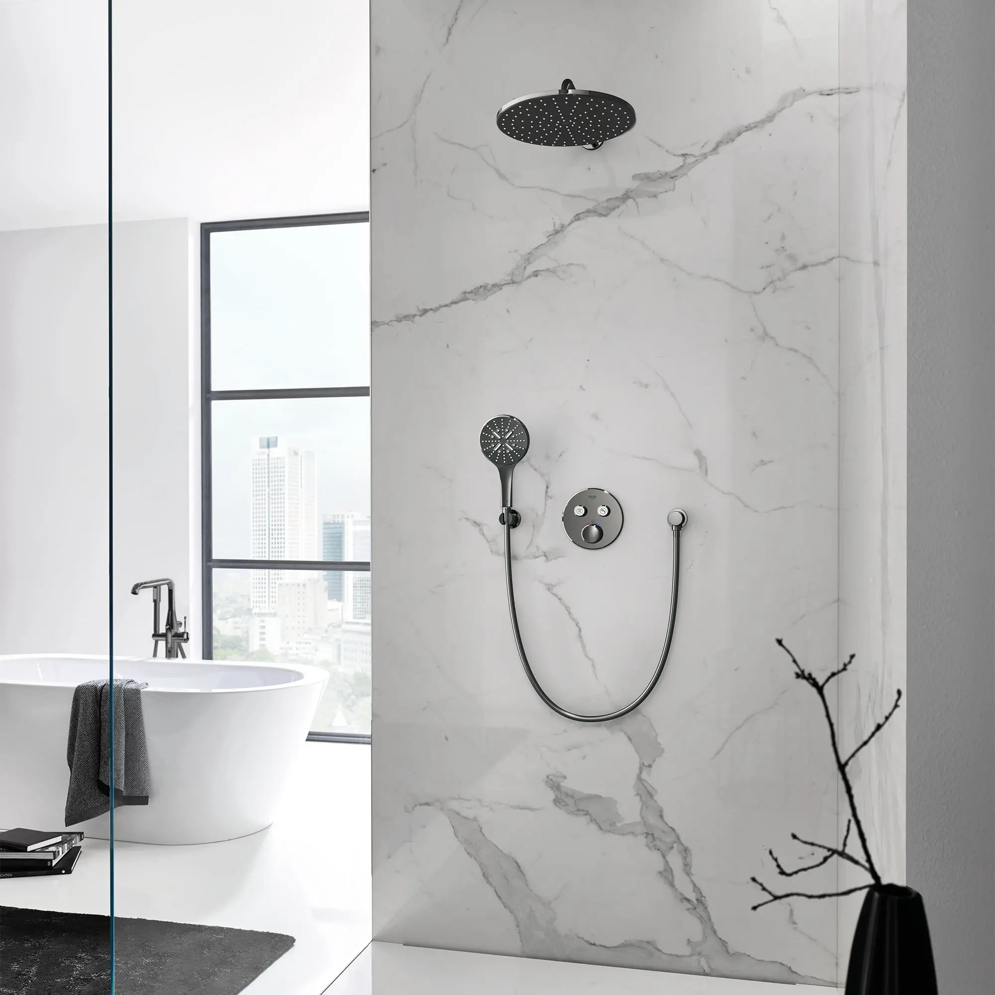 Rainshower Wall Union // Hard Graphite (Polished Black) // 50564_26479A00_26569A00_28540A00_29137A00_26545A00_26635A00_27074A00_28417A00_CDNwebp.webp