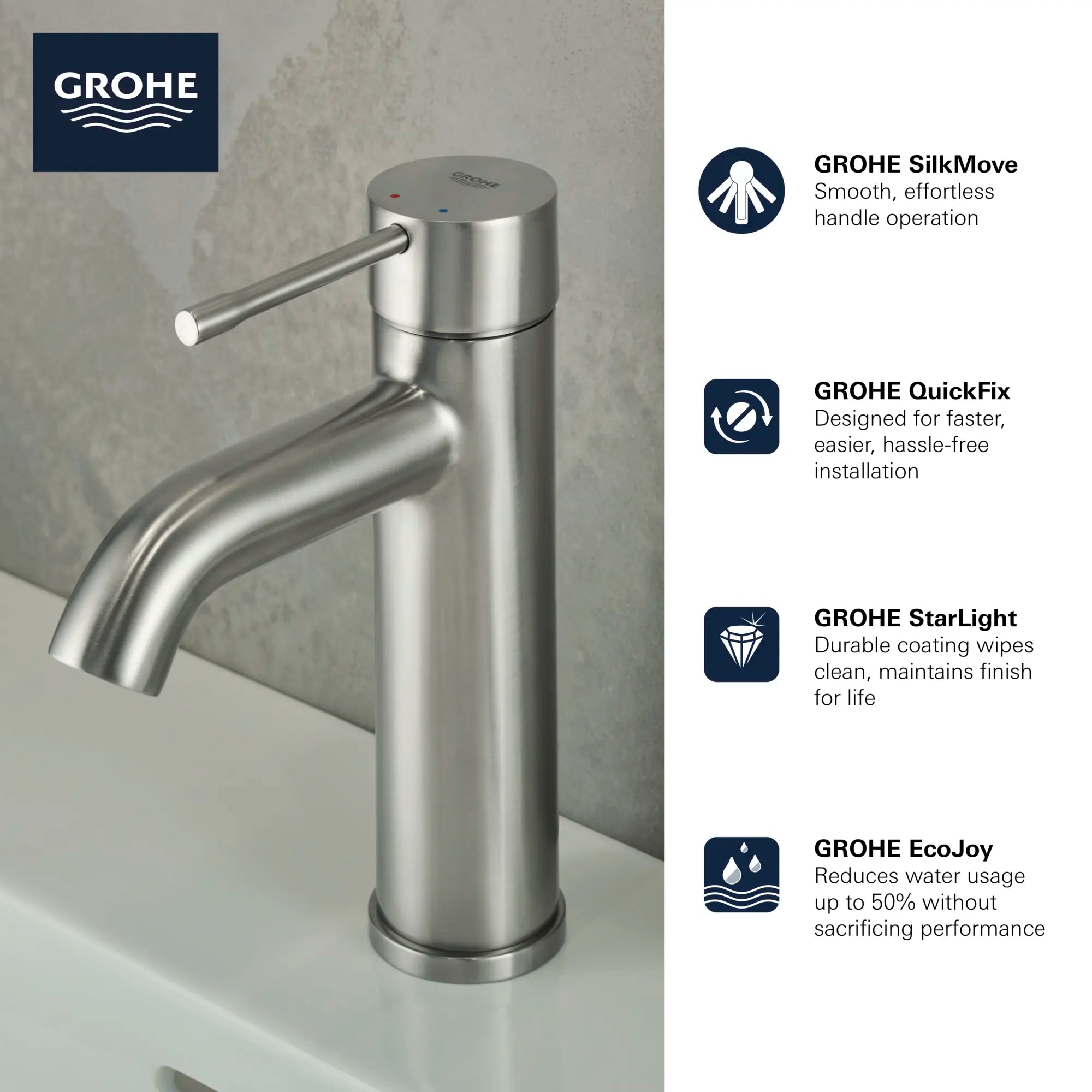 Essence Single Hole Single-Handle S-Size Bathroom Faucet, 1.2 GPM (4.5 L/min) // BRUSHED COOL SUNRISE (BRUSHED GOLD) // 68643_GROHE_Infographics_Essence_Bath_OHM_S-Size_23592_F1_CDNwebp.webp