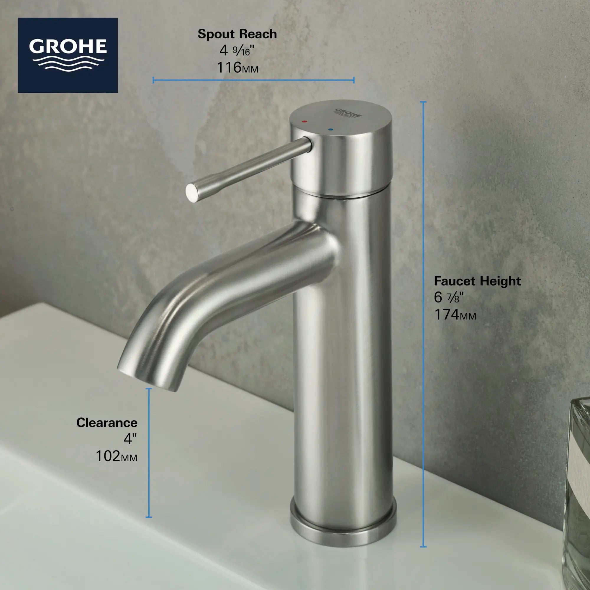 Essence Single Hole Single-Handle S-Size Bathroom Faucet, 1.2 GPM (4.5 L/min) // GROHE BRUSHED NICKEL // 68645_GROHE_Infographics_Essence_Bath_OHM_S-Size_23592_F2_CDNwebp.webp