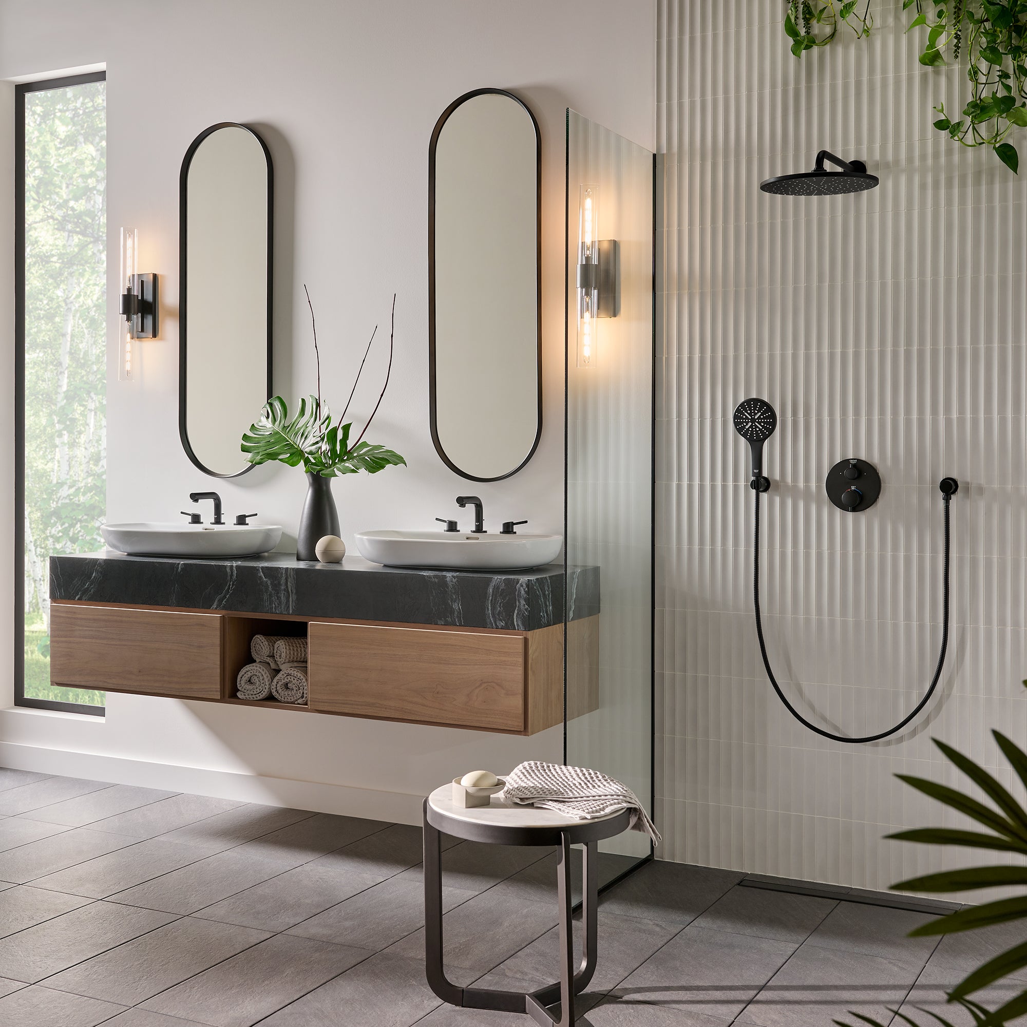 Grohtherm Dual Function 2-Handle Thermostatic Valve Trim // MATTE BLACK // 163494_Concetto_EnvironmentFull_265692430_265452430_241332430_0001_May2023_CDNwebp.webp